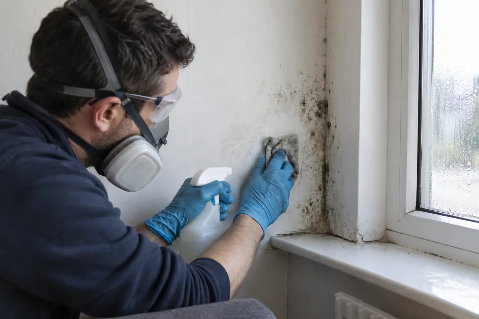 Black mould treatment — Worker in gloves, protective goggles and respirator carefully wipes a small patch of black mould from an interior wall corner beside a condensation-prone window. Unlabelled cleaning bottle and used cloth, clearly visible localised mould and cleaned patch, no exaggerated infestation.