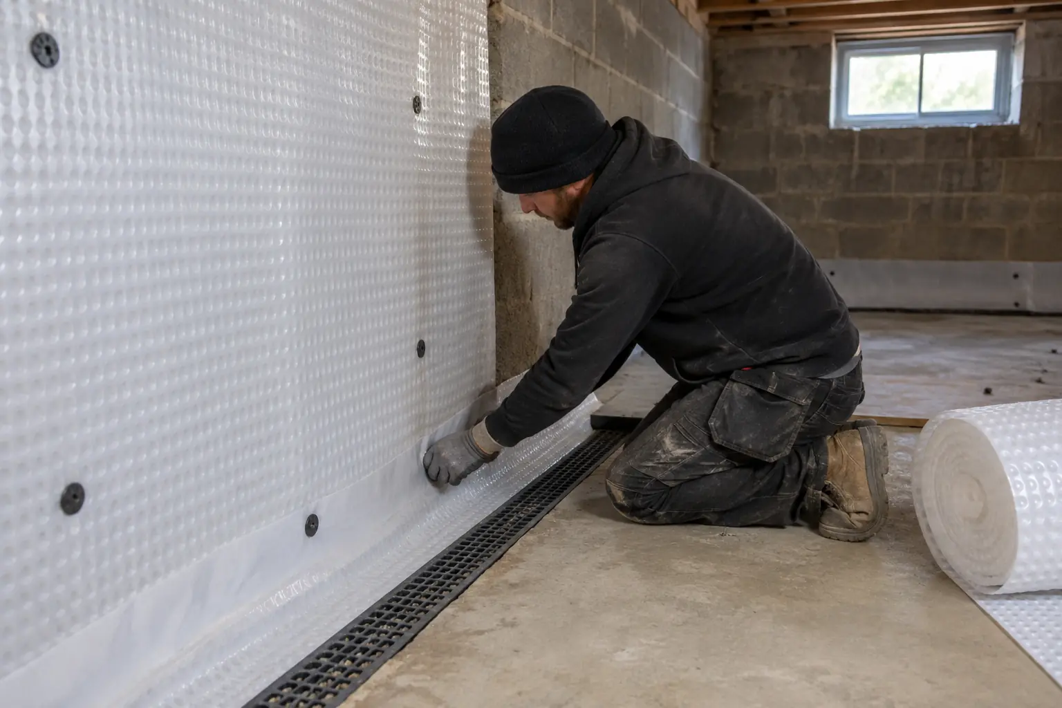 Damp proof membrane installation — Specialist fitting white studded waterproof cavity-drain membrane to the inside wall of an unfinished basement, carefully sealing the wall-floor junction over a visible perimeter drainage channel. Below-ground masonry room, gloves, detailed membrane texture and realistic fixings.