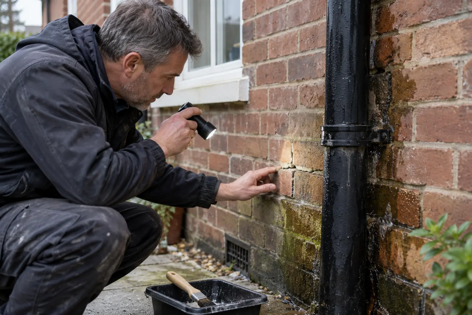 Penetrating damp repairs — Building specialist examining a rain-stained exterior brick wall beside a leaking downpipe and cracked mortar, with a torch and a small unlabelled treatment brush and tray nearby. Clear external water-entry assessment and local waterproofing preparation, UK house.